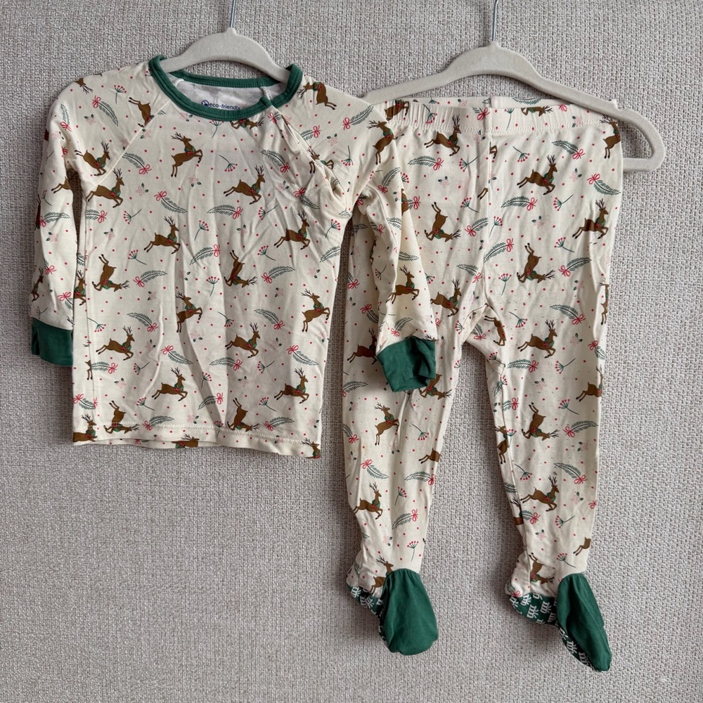 Magnetic Me Deer Print Pajama Set - Cream and Green